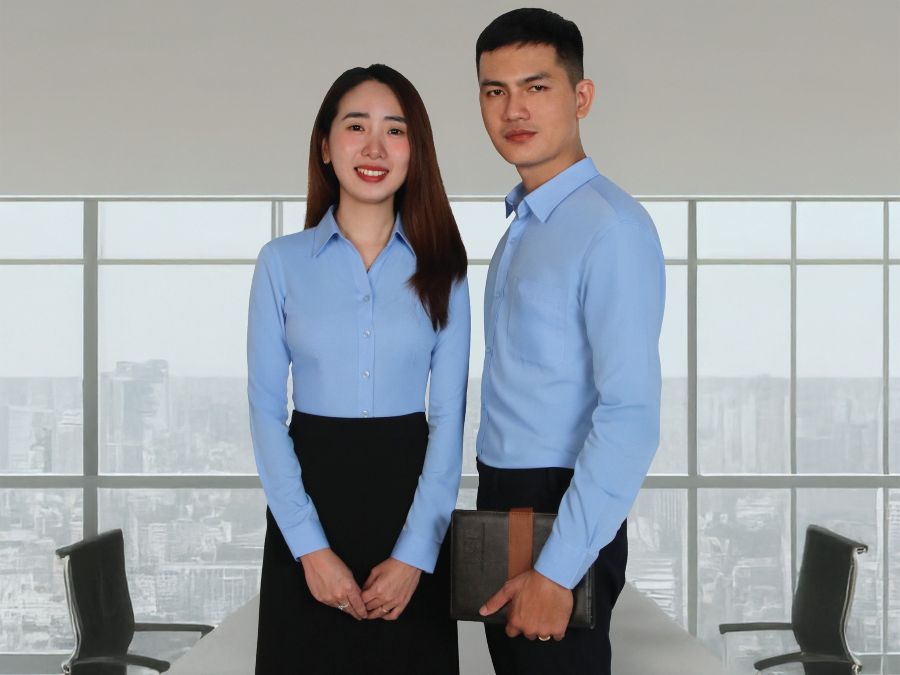 đồng phục công sở sơ mi xanh thiết kế sản xuất bởi NBTrade